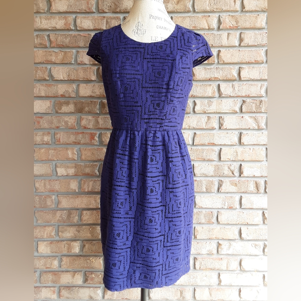 Shoshanna Purple Lace Cap Sleeve Fitted Waist Dress.